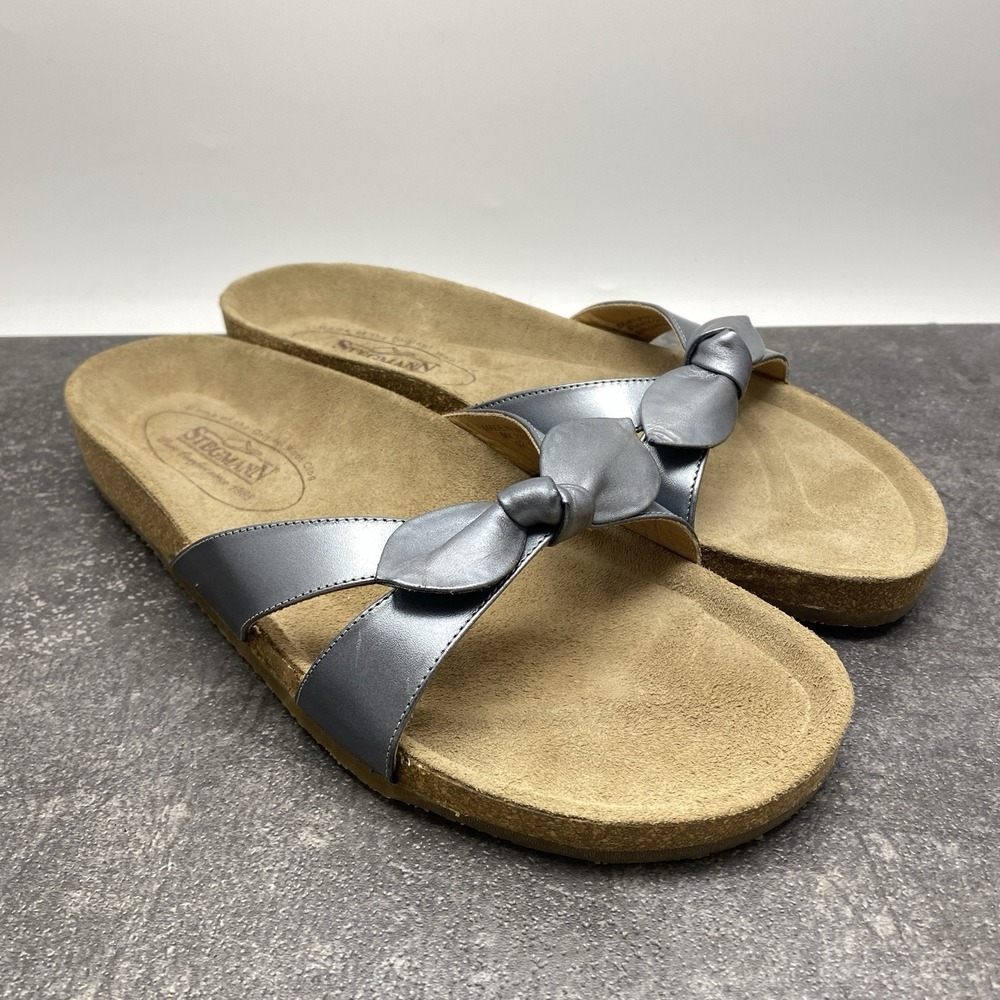 Stegmann Leather Metallic Silver Bow Slide Sandals Women's 9 B Cork Insole 1502